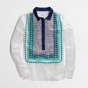 J. CREW FACTORY | Retro Collared Popover Blouse White Blue Green Long Sleeve Top